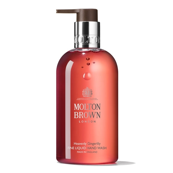 Molton Brown - Heavenly Gingerlily Fine Liquid Hand Wash rotes Gel im klaren Spender mit braunem Pumpkopf vor weißem Hintergrund