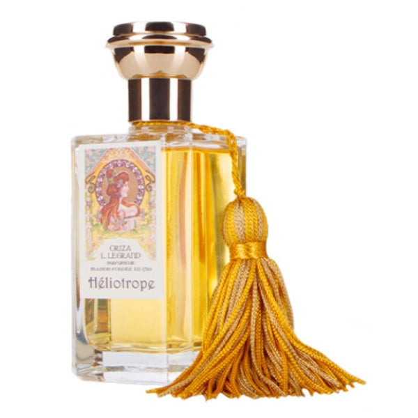 Oriza L. Legrand - Héliotrope Parfümflakon mit goldenem Verschluss und dekorativer Quaste vor weißem Hintergrund
