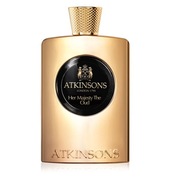 Atkinsons 1799 - Oud Collection - Her Majesty the Oud eleganter goldener Parfumflakon mit präzisem Logo und strukturiertem Verschluss