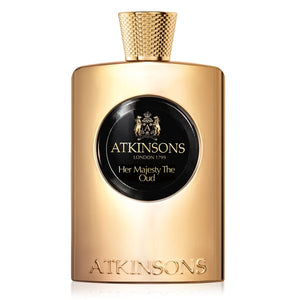 Atkinsons 1799 - Oud Collection - Her Majesty the Oud eleganter goldener Parfumflakon mit präzisem Logo und strukturiertem Verschluss