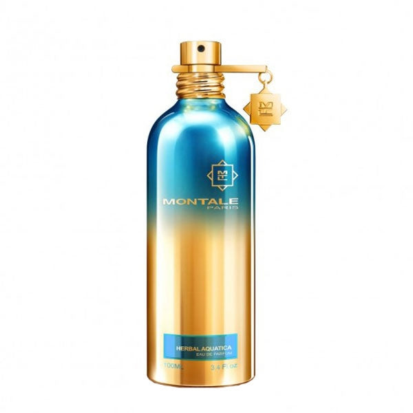 Montale - Herbal Aquatica Parfumflakon in metallisch blau-goldenem Design mit goldfarbenem Verschluss vor weißem Hintergrund