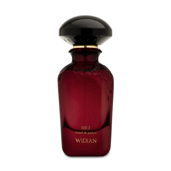 Widian - Velvet Collection - Hili Parfumflakon in tiefrotem Glas mit schwarzem Verschluss und goldfarbenem Detail vor weißem Hintergrund