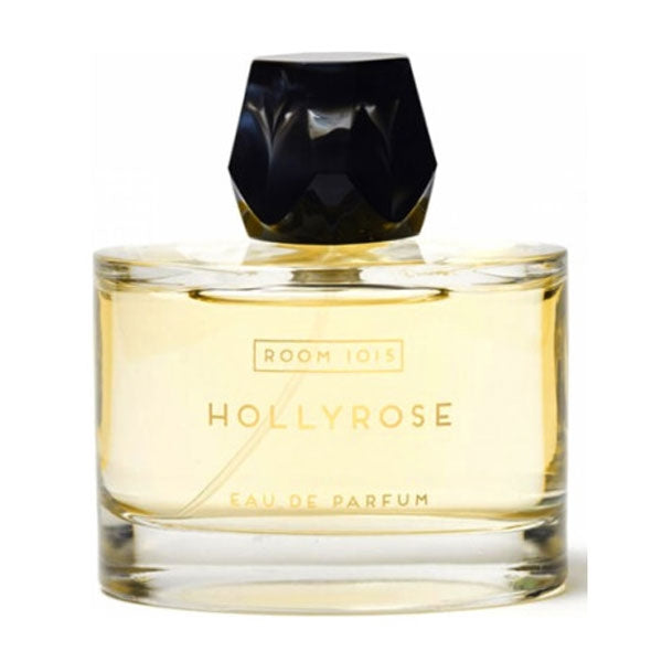 Room 1015 - Hollyrose Parfumflakon mit klarem Glas und facettiertem schwarzem Verschluss vor weißem Hintergrund