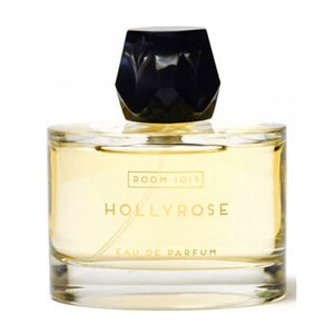 Room 1015 - Hollyrose Parfumflakon mit klarem Glas und facettiertem schwarzem Verschluss vor weißem Hintergrund