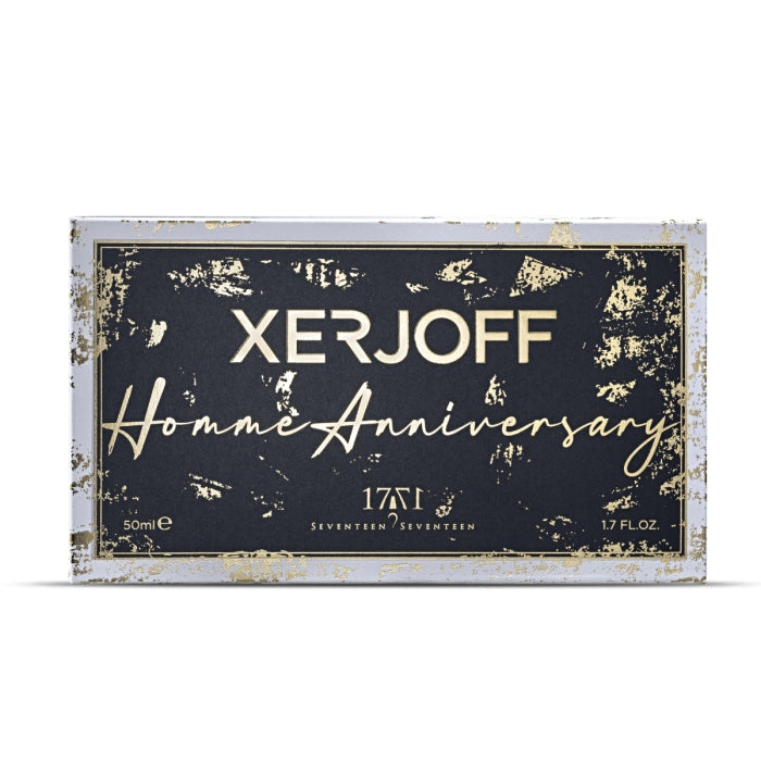 Xerjoff - XJ 17/17 - Stone Label - Homme Anniversary Verpackung in Schwarz mit goldenem Used-Look und eleganter Schriftgestaltung