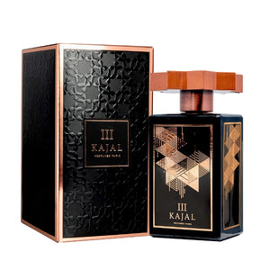 Kajal - Homme III edler schwarzer Flakon mit geometrischem kupferfarbenem Muster und sechseckigem Holzverschluss