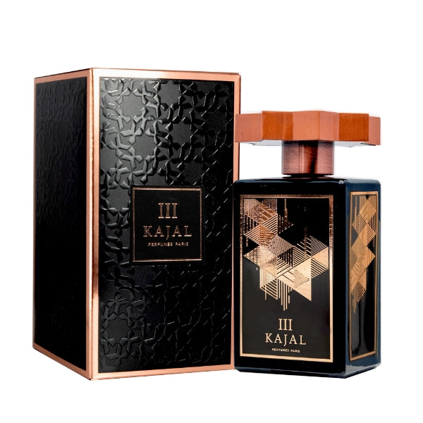 Kajal - Homme III edler schwarzer Flakon mit geometrischem kupferfarbenem Muster und sechseckigem Holzverschluss