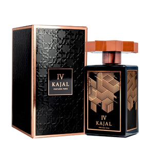 Kajal - Homme IV Flakon und Verpackung in Schwarz mit kupferfarbenem geometrischem Design und achteckigem Verschluss aus Holz