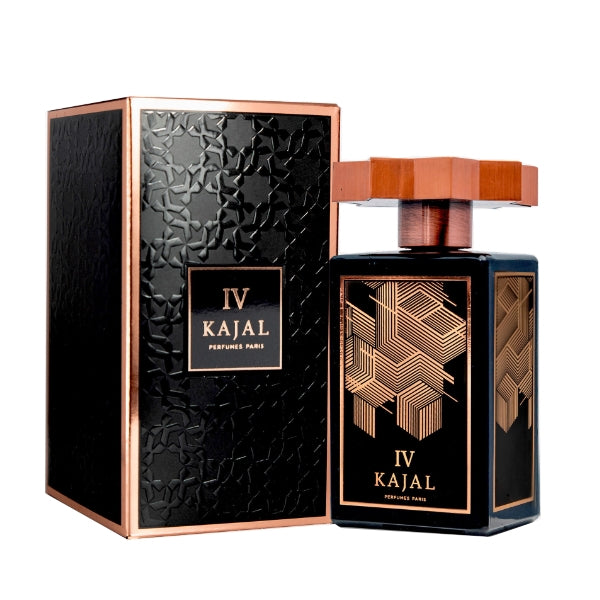 Kajal - Homme IV Flakon und Verpackung in Schwarz mit kupferfarbenem geometrischem Design und achteckigem Verschluss aus Holz