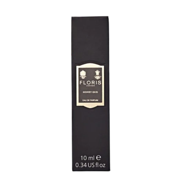 Floris - Honey Oud elegante schwarze Verpackung mit beigefarbenem Label und klarer Schrift für 10 ml Eau de Parfum