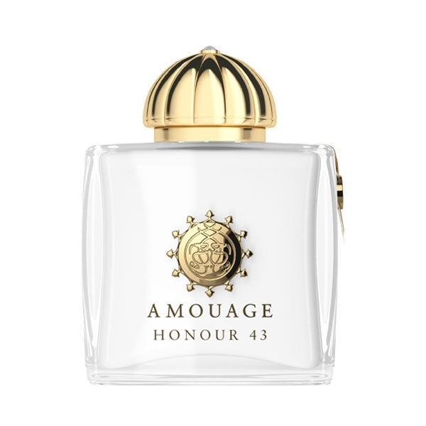 Amouage - Honour 43 Woman Parfumflakon mit klarem Glas und goldenem Deckel vor weißem Hintergrund