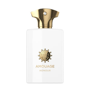 Amouage - Honour Man Parfumflakon in weiß mit goldfarbenem Verschluss und elegantem Markenemblem in der Mitte