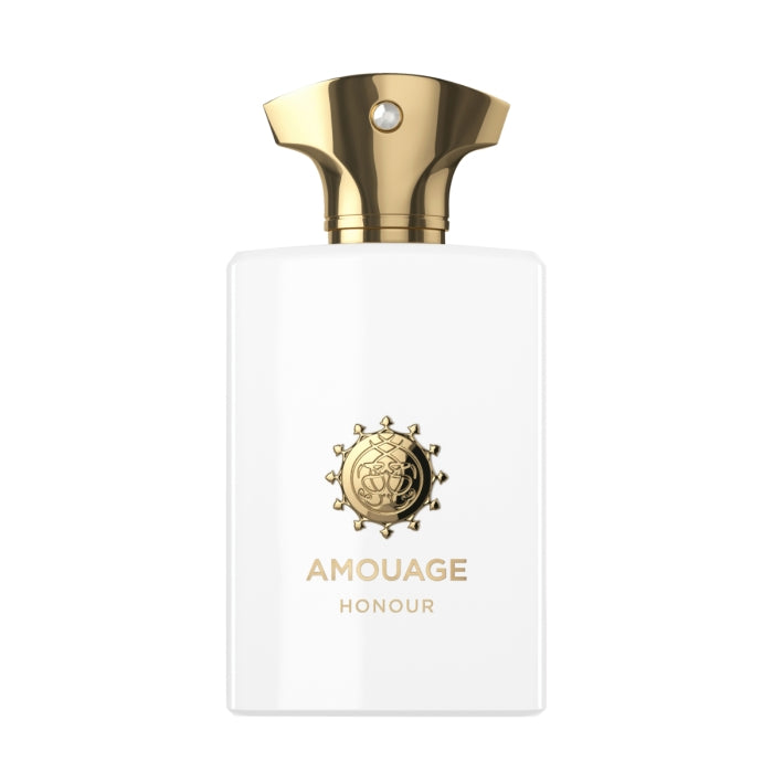 Amouage - Honour Man Parfumflakon in weiß mit goldfarbenem Verschluss und elegantem Markenemblem in der Mitte