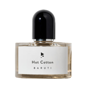 Baruti - Hot Cotton - Eau de Parfum Flakon mit schlichtem weißem Etikett und rundem schwarzen Verschluss
