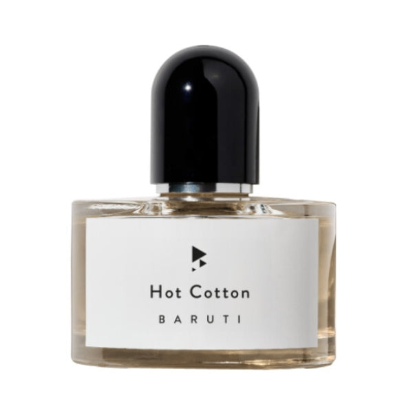 Baruti - Hot Cotton - Eau de Parfum Flakon mit schlichtem weißem Etikett und rundem schwarzen Verschluss