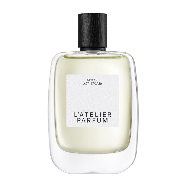 L'Atelier Parfum - Opus 3 - Hot Splash klarer Flakon mit schwarzem Holzdeckel und schlichtem Etikett vor weißem Hintergrund
