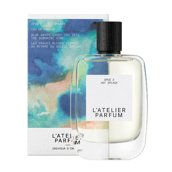 L'Atelier Parfum - Opus 3 - Hot Splash transparenter Flakon mit schwarzem Holzdeckel und Verpackung in blau-grünen Wellenfarben