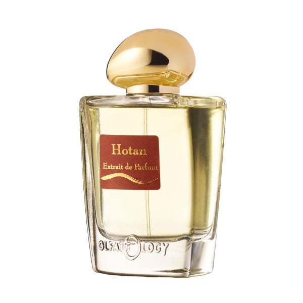 Olfattology - Hotan Parfumflakon mit transparentem Glas und goldenem Verschluss vor weißem Hintergrund