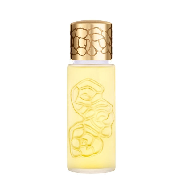 Houbigant Quelques Fleurs perfume in frosted glass bottle with embossed floral design and gold cap on white background