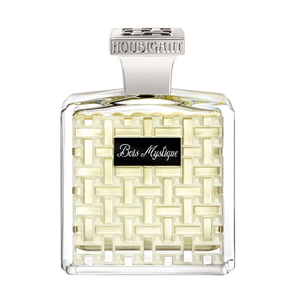 Houbigant - Bois Mystique Extrait de Parfum eleganter Flakon mit fein strukturiertem Muster und silbernem Verschluss vor weißem Hintergrund