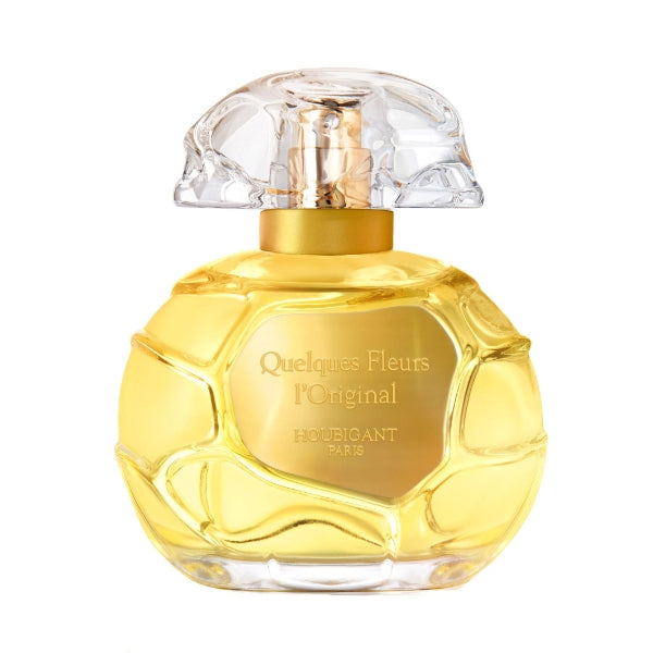 Houbigant - Collection Privée - Quelques Fleurs L'Original Parfumflakon mit goldgelbem Duft und klarem Verschluss vor weißem Hintergrund