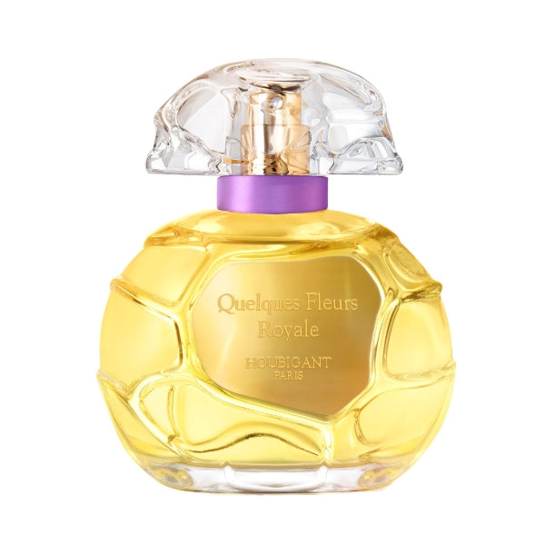 Houbigant - Collection Privée - Quelques Fleurs Royale Parfumflakon mit goldgelbem Inhalt und klarem, skulpturalem Verschluss vor weißem Hintergrund