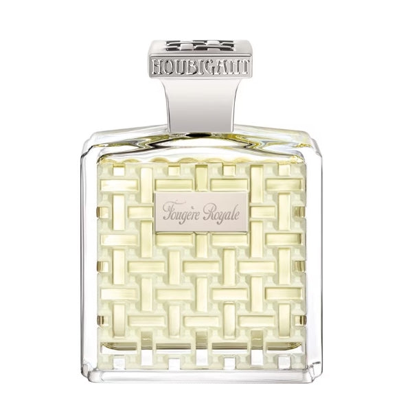Houbigant - Fougère Royale Deluxe Edition - Extrait de Parfum edler Flakon mit texturiertem Muster und silbernem Verschluss vor weißem Hintergrund