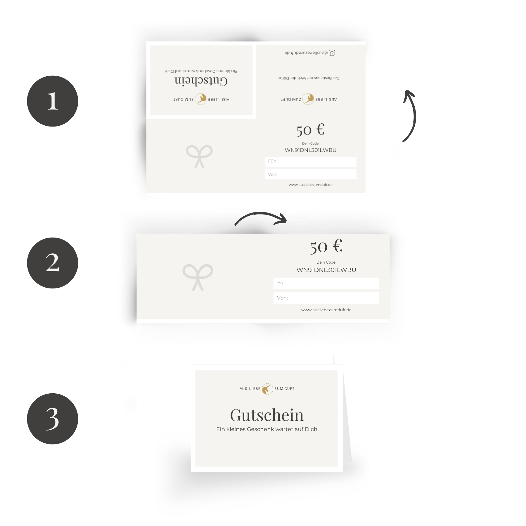 Aus Liebe zum Duft - Gutschein mit Wert 50 Euro in dezentem Design und Platz für persönliche Widmung zum Verschenken