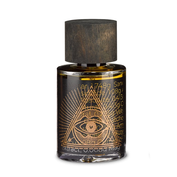 PERFUME.SUCKS - Human 0233 Flakon mit dunklem Holzverschluss und mystischem Augensymbol auf dunklem Glas