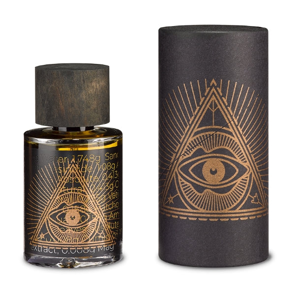 PERFUME.SUCKS - Human 0233 Flakon mit dunklem Holzverschluss und mystischem Augensymbol auf schwarzer Verpackung