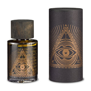 PERFUME.SUCKS - Human 0233 Flakon mit dunklem Holzverschluss und mystischem Augensymbol auf schwarzer Verpackung