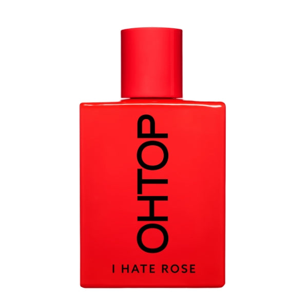 OHTOP - I Hate Rose Parfumflakon in kräftigem Rot mit schwarzer vertikaler Schrift auf schlichter quadratischer Form