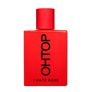 OHTOP - I Hate Rose Parfumflakon in kräftigem Rot mit schwarzer vertikaler Schrift auf schlichter quadratischer Form