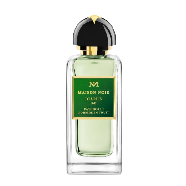 Maison Noir - Icarus 347 Parfumflakon mit grünem Etikett, transparentem Glas und schwarzem, goldverziertem Verschluss