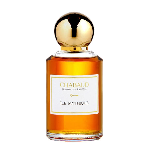 Chabaud - Luxury Line - Île Mythique eleganter bernsteinfarbener Parfumflakon mit goldenem Verschluss vor weißem Hintergrund