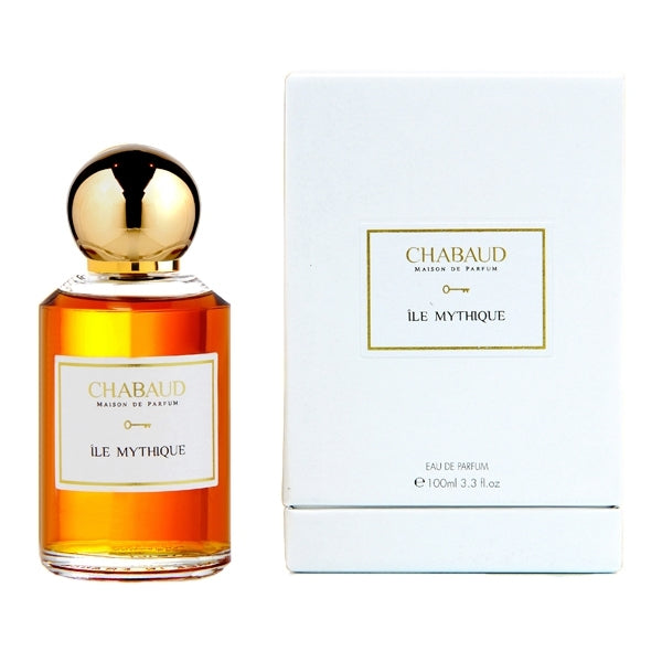 Chabaud - Luxury Line - Île Mythique bernsteinfarbener Flakon mit goldenem Deckel neben weißer Verpackung