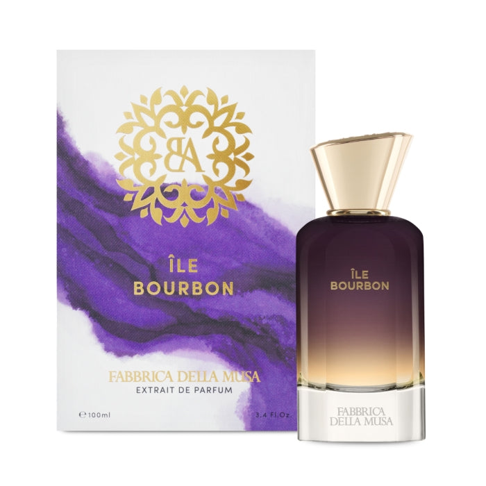 Fabbrica della Musa - Île Bourbon Parfümflakon mit Farbverlauf von tiefem Lila zu hellem Bernstein und goldenem Verschluss vor Verpackung