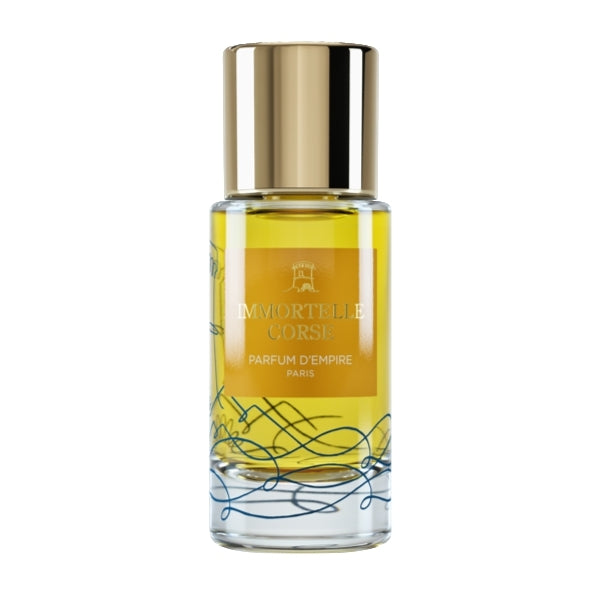Parfum d'Empire - Immortelle Corse Parfumflakon mit sonnigem Gelb und elegantem goldenem Verschluss auf weißem Hintergrund