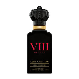 Clive Christian - Noble Collection - Immortelle schwarzer Flakon mit goldener Kappe und roter römischer Zahl VIII vor weißem Hintergrund