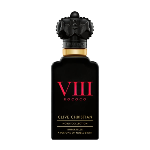 Clive Christian - Noble Collection - Immortelle schwarzer Flakon mit goldener Kappe und roter römischer Zahl VIII vor weißem Hintergrund