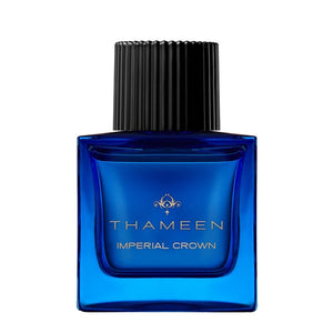 Thameen - Sovereign Collection - Imperial Crown Parfumflakon in tiefblauem Glas mit schwarzem geriffeltem Verschluss
