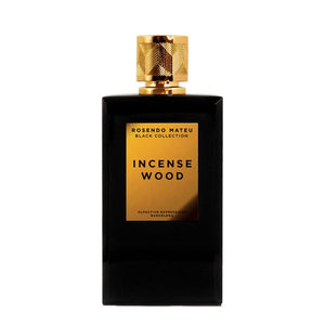 Rosendo Mateu - Black Collection - Incense Wood Parfumflakon in schwarzem Glas mit goldenem Label und Verschluss vor weißem Hintergrund