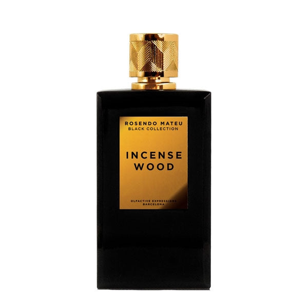 Rosendo Mateu - Black Collection - Incense Wood Parfumflakon in schwarzem Glas mit goldenem Label und Verschluss vor weißem Hintergrund