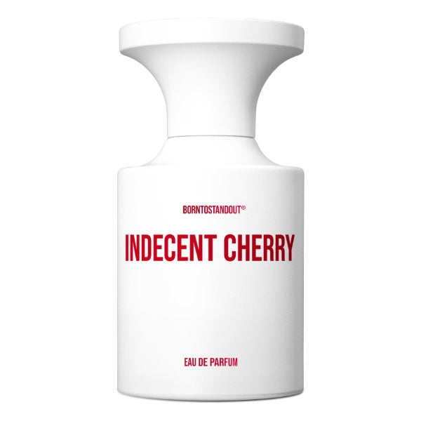 BORNTOSTANDOUT - Indecent Cherry Parfumflakon in schlichtem Weiß mit roter Schrift auf weißem Hintergrund