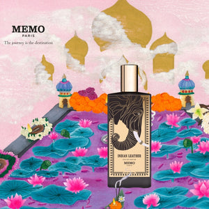 Memo Paris - Indian Leather Parfümflakon mit detailreichem Elefantendesign vor farbenfrohem indischem Hintergrund