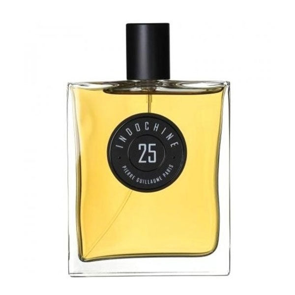 Pierre Guillaume - Indochine No. 25 Parfumflakon mit klarem Glas und schwarzem Rundetikett, minimalistisch gestaltet