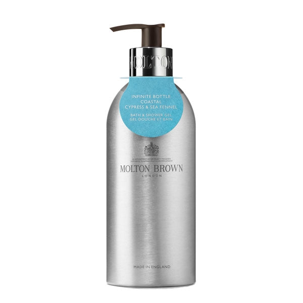 Molton Brown - Coastal Cypres & Sea Fennel Bath & Shower Gel - Infinite Bottle in nachhaltiger Aluminiumflasche mit blauem Etikett
