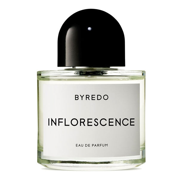 Byredo - Inflorescence zeigt minimalistischen Flakon mit klarem Glas und schwarzem abgerundetem Verschluss in schlichtem Design