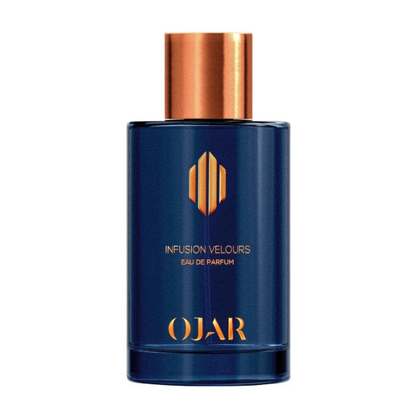 Ojar - Infusion Velours Parfumflakon in tiefem Blau mit kupferfarbenem Verschluss vor weißem Hintergrund