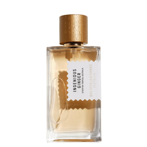 Goldfield & Banks - Native Collection - Ingenious Ginger zeigt klaren Flakon mit goldenem Verschluss und elegantem weißem Etikett